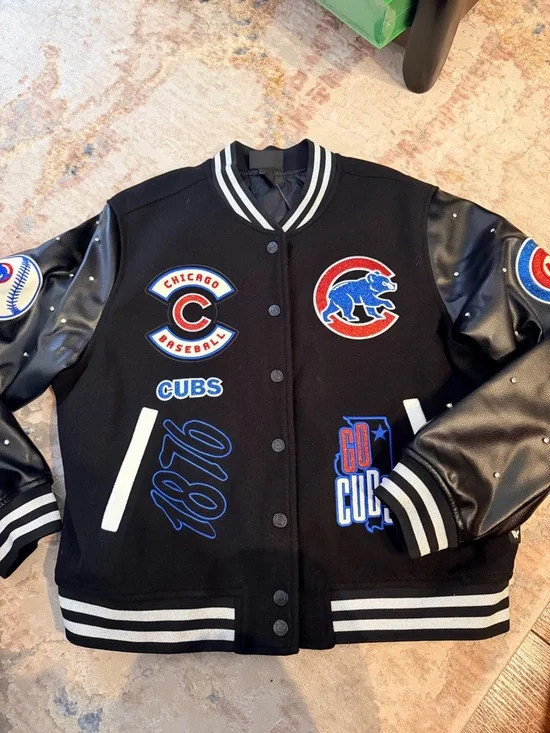 Chicago Cubs Black Varsity Jacket with Patches Anthropologie mlb - Picture 1 of 6